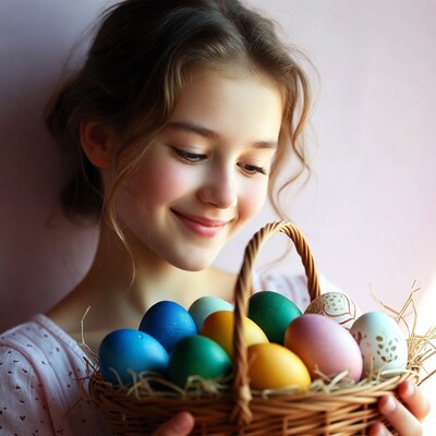 Girl holding Easter basket with eggs