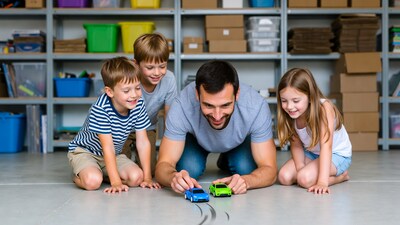 Father playing toy cars with children