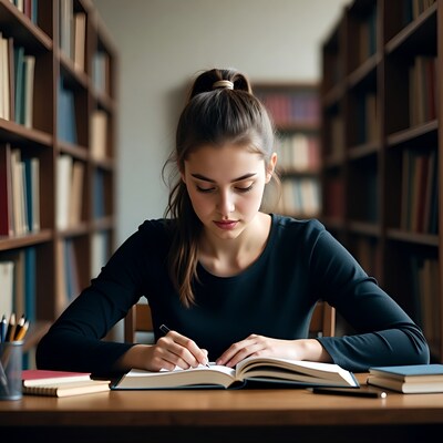 Young woman studying in library