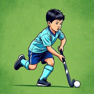 Asian boy playing field hockey