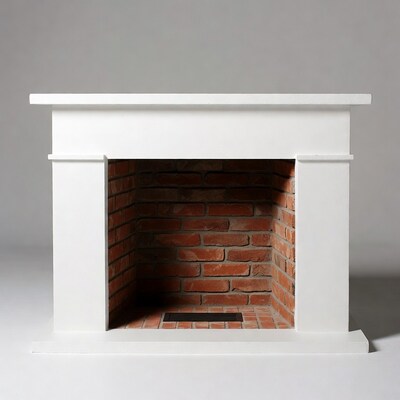 White fireplace with brick interior