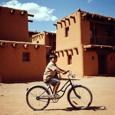 Boy riding bicycle near adobe buildings