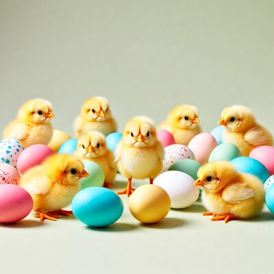 Cute chicks surrounded by colorful Easter eggs