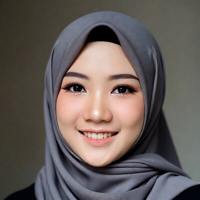 Asian woman smiling in gray hijab