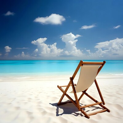Wooden beach chair on white sand