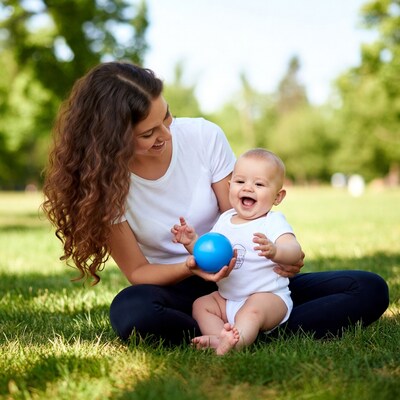Mother and baby playing with blue ball