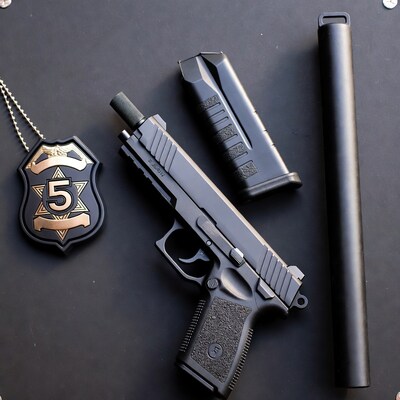 Black Pistol with Badge and Silencer