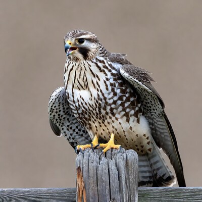 Peregrine Falcon Perched on Wooden Post
