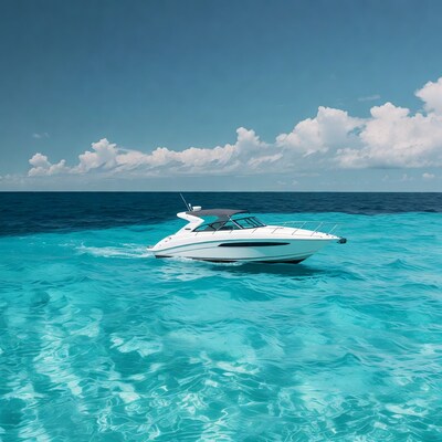 White speedboat cruising turquoise ocean