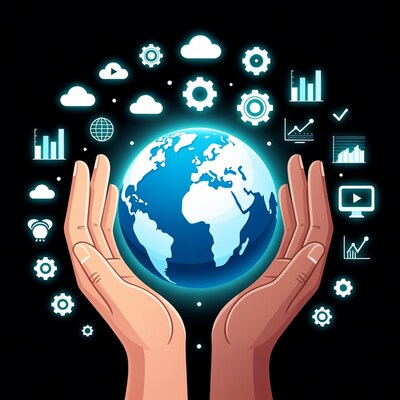 Hands Holding Glowing Earth with Tech Icons