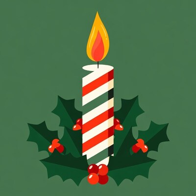 Striped Christmas Candle with Holly