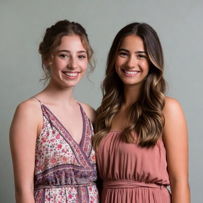 Two smiling young women in dresses