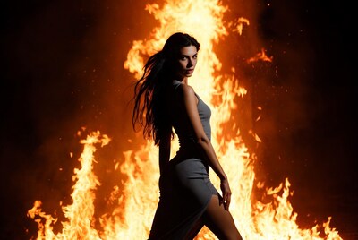 Woman in gray dress with fire background