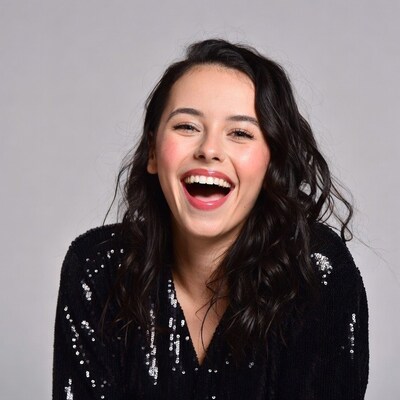 Woman laughing in sequin dress