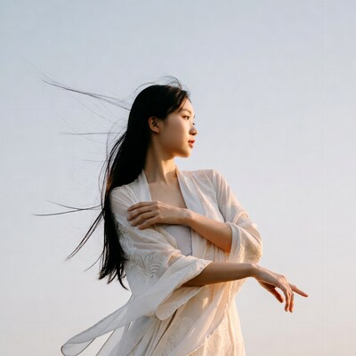 Asian woman in white robe with flowing hair