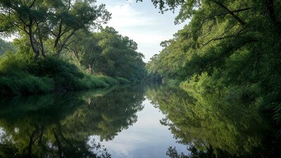 River reflecting green trees