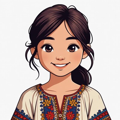 Smiling Asian girl in embroidered blouse