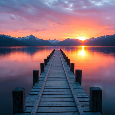 Wooden pier into sunset lake mountains