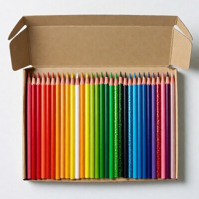 Colorful crayons in open box