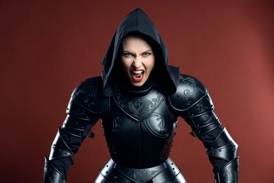 Woman roaring in black hooded armor