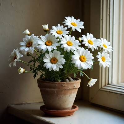 White Daisies in Terracotta Pot