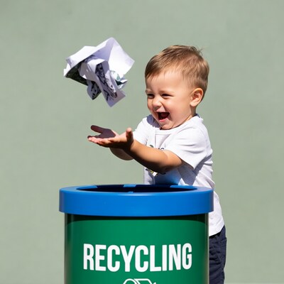 Toddler throwing paper into recycling bin