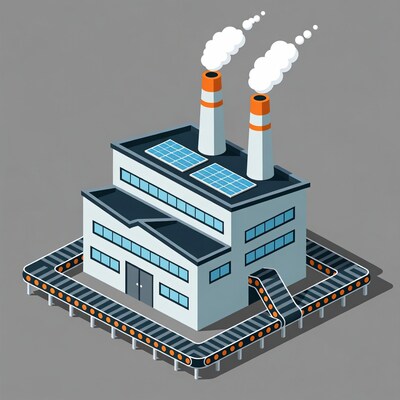 Industrial Factory with Smokestacks and Conveyor Belt