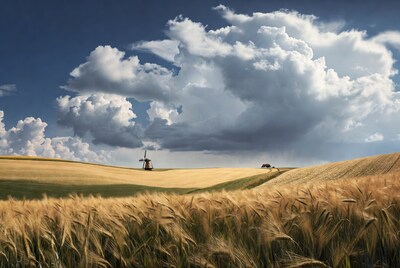 Windmill in golden wheat fields