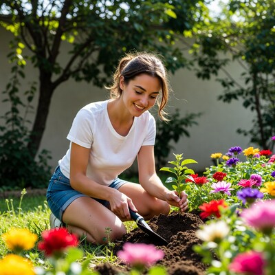 Woman planting flower in garden