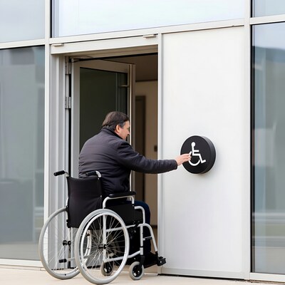 Man in wheelchair pressing handicap door button