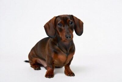 Brown Dachshund sitting on white background
