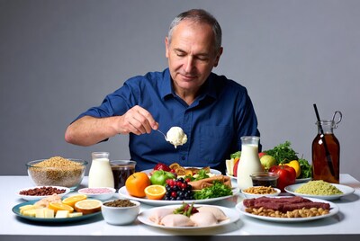 Mature man eating yogurt at healthy food table