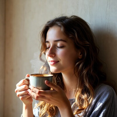 Woman sipping steaming coffee mug