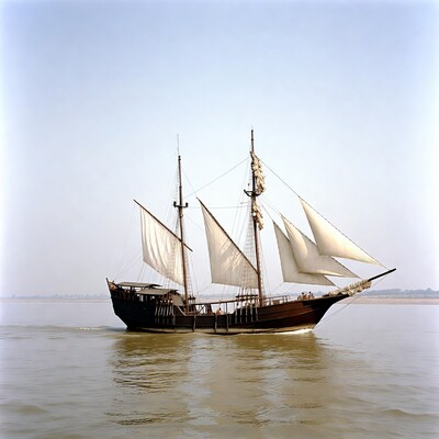 Traditional sailing ship on river