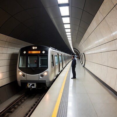 Man standing by subway train