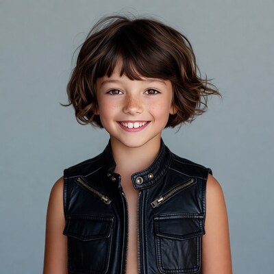 Girl smiling in black leather vest