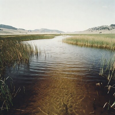 River flowing through cattails and hills