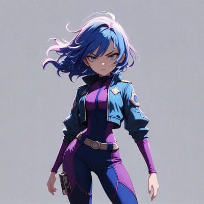 Anime girl in purple bodysuit with blue jacket