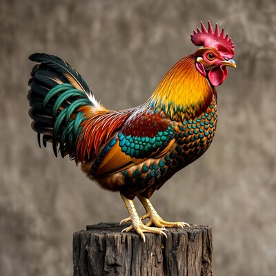 Colorful Rooster Standing on Wood Stump
