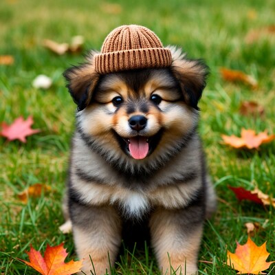 Puppy wearing knit beanie in autumn grass