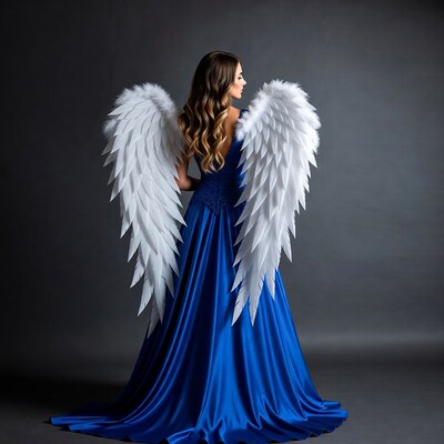 Woman in blue gown with white angel wings