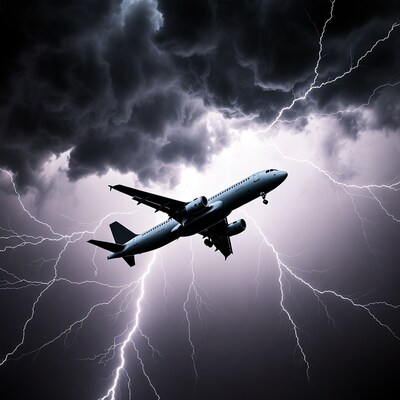 Airplane flying through thunderstorm