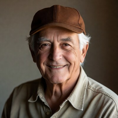Elderly man smiling in brown cap