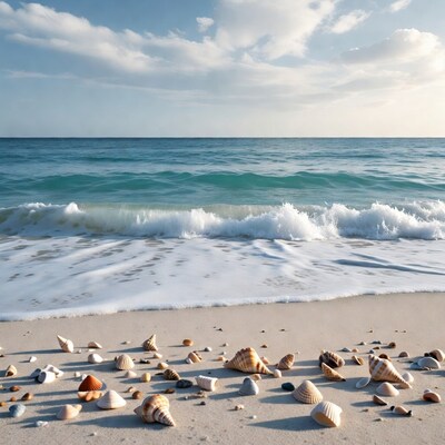 Seashells on beach with ocean waves