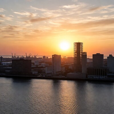 City skyline sunset over harbor