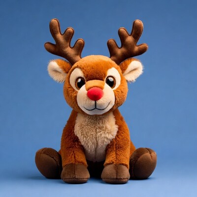 Rudolph Reindeer Plush Toy on Blue Background