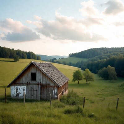 Old wooden barn in green hillside meadow