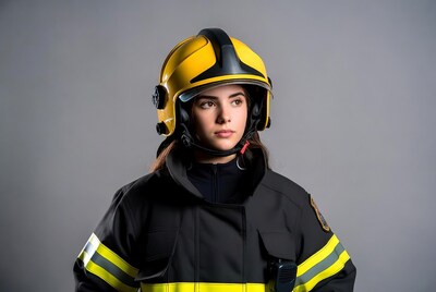 Female firefighter wearing yellow helmet