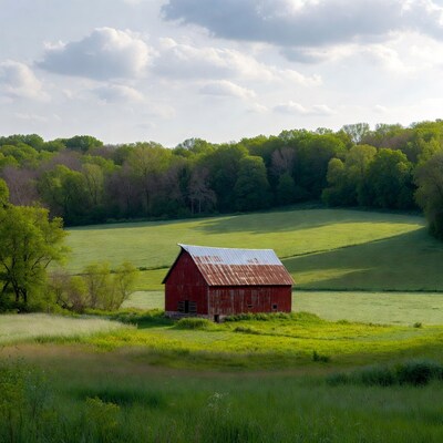 Red Barn in Green Rolling Hills