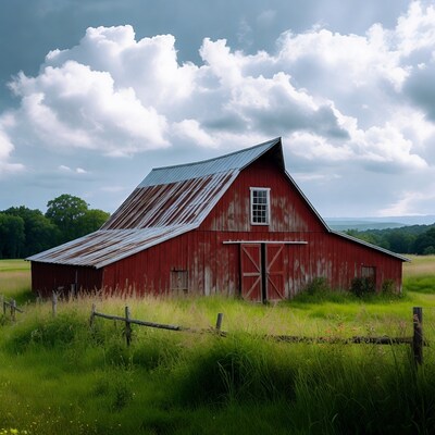 Red Barn in Grassy Field